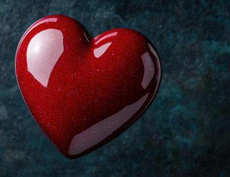 Shiny red heart-shaped ornament on dark backgroundの素材