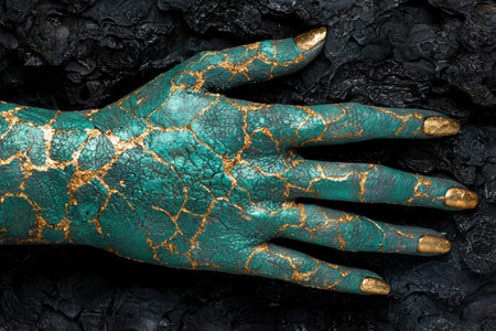 Vibrant cracked hand with golden veinsの素材