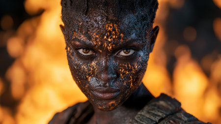 Intense face of a person covered in dark, fiery makeupの素材