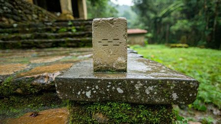 Moss-covered stone marker in lush forestの素材