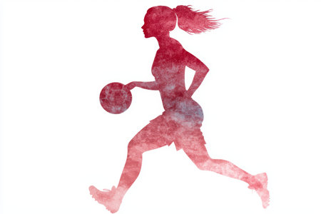 Silhouette of a woman running with a basketballの素材