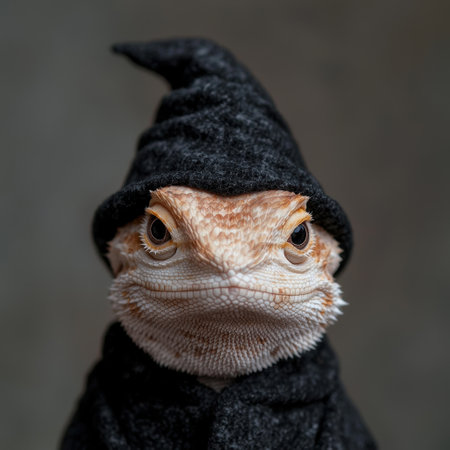Closeup of a bearded dragon wearing a black hatの素材