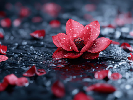 Vibrant red flower petals with water droplets on a dark backgroundの素材