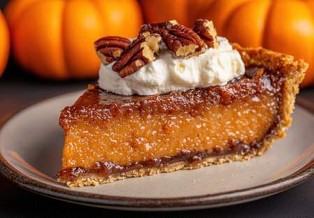 Delicious pumpkin pie with whipped cream and pecansの素材