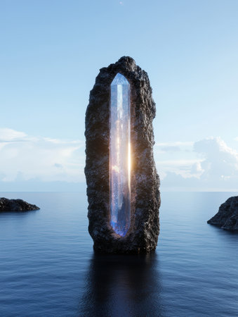 Mystical crystal monolith in tranquil ocean settingの素材