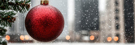 sparkling red christmas ornament in snowy forestの素材