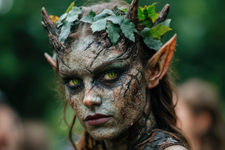 Enchanted forest creature with piercing green eyesの素材