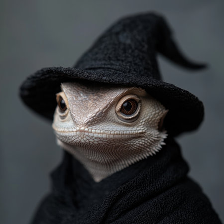 Mysterious lizard in a black hatの素材