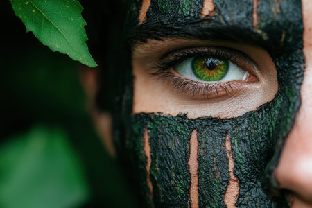 Mysterious green eye peeking through the forestの素材