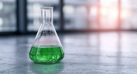 Closeup of a glass beaker filled with a vibrant green liquidの素材