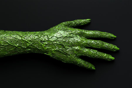 Detailed view of a green reptilian handの素材
