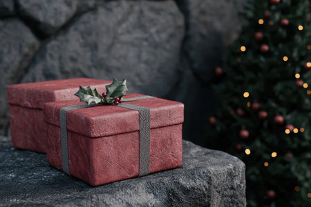 Festive holiday gift box with holly leavesの素材
