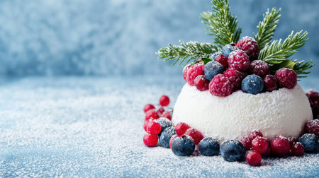 festive winter dessert with berries and pine branchesの素材