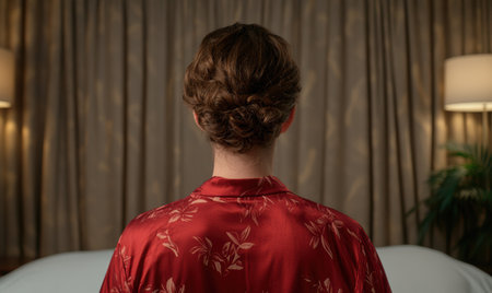 Elegant woman with updo hairstyle in red floral dressの素材