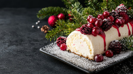 festive christmas dessert with cranberries and pine branchesの素材