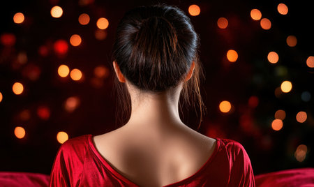 woman in red dress with festive lightsの素材