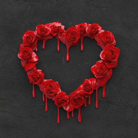 Dripping heart-shaped wreath of red rosesの素材