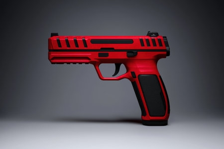 modern red and black handgun on dark backgroundの素材