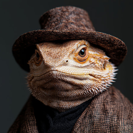 close-up of a bearded dragon wearing a cowboy hatの素材