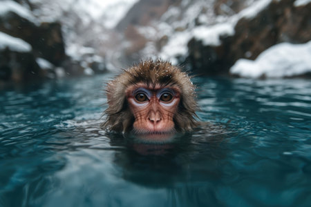 Curious snow monkey relaxing in hot springの素材