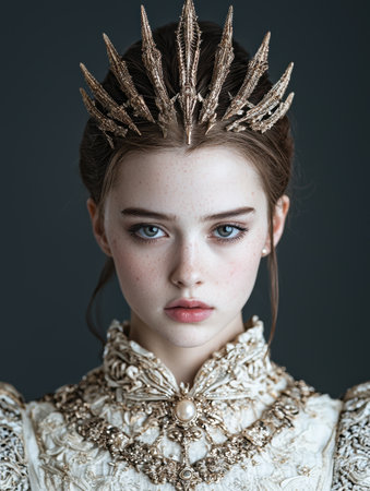 Regal portrait of a young woman in a dramatic crown and ornate dressの素材