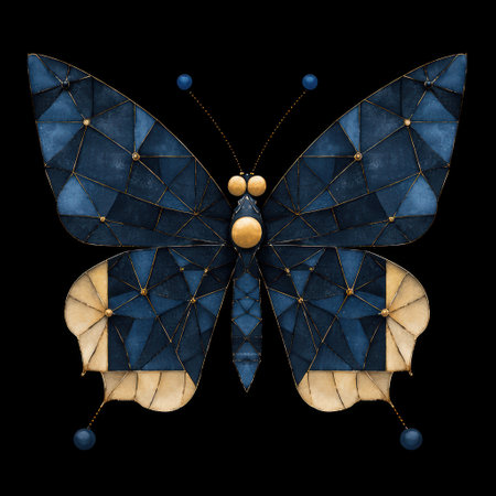 Intricate mosaic butterfly on black backgroundの素材