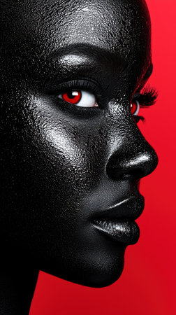 Dramatic close-up of a person with striking red eyesの素材
