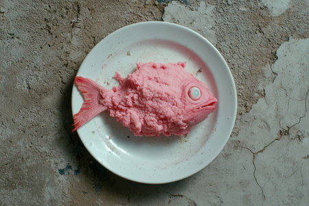 Unappetizing pink fish on plateの素材