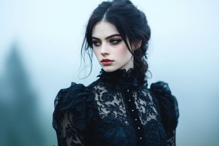 Mysterious woman in black lace dressの素材