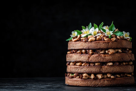 Decadent chocolate cake with nuts and flowersの素材