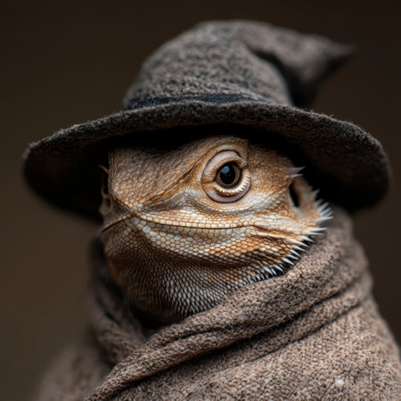 Close-up of a bearded dragon wearing a hatの素材