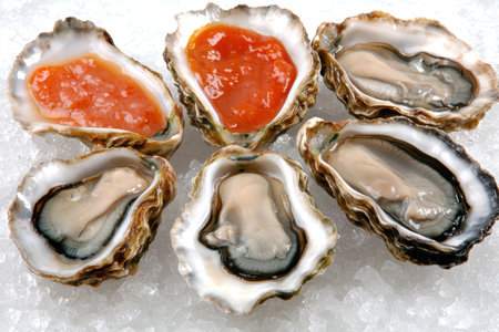 Assortment of fresh oysters with red cocktail sauceの素材