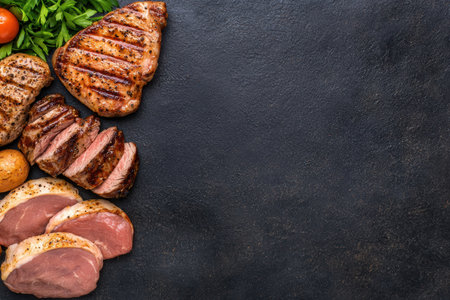 Grilled meat and vegetables on dark backgroundの素材