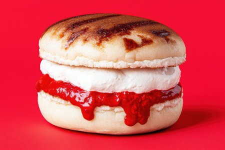 Delicious homemade burger with creamy white filling and red sauceの素材