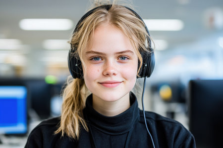 young woman with headphones smilingの素材