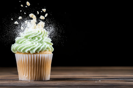 Delicious cupcake with green frosting and powdered sugarの素材