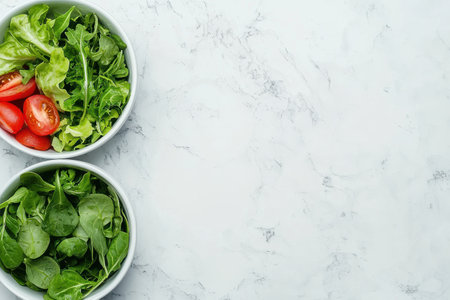 fresh green salad with tomatoes on marble backgroundの素材