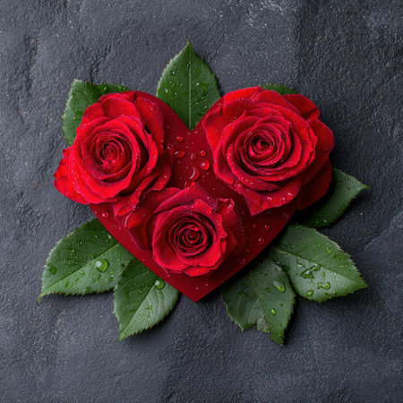 red roses in heart shape with water dropletsの素材