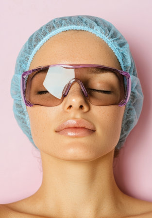 woman in medical protective gear with eyes closedの素材