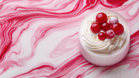 Delicious dessert with cherries and cream on a pink marble backgroundの素材
