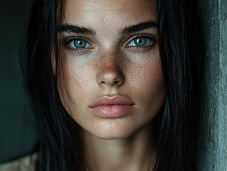 Pensive young woman with striking blue eyesの素材