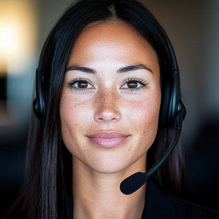 Friendly customer service representative with headsetの素材