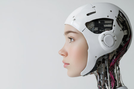 close-up of a robotic face with visible circuitsの素材