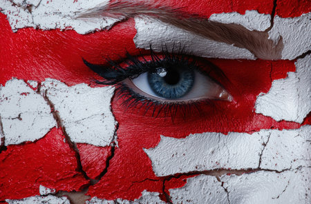 Dramatic eye makeup with red and white paintの素材