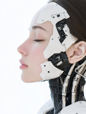 futuristic cyborg woman with robotic faceの素材