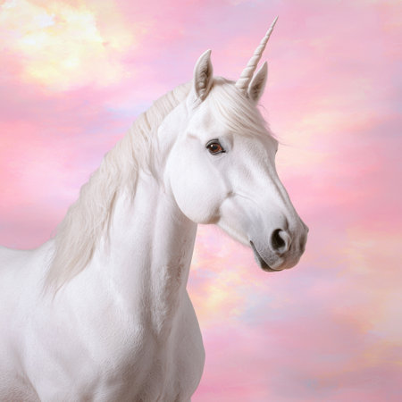 Majestic white unicorn against pink skyの素材