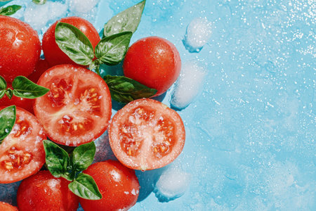 Fresh tomatoes with basil leaves on blue backgroundの素材