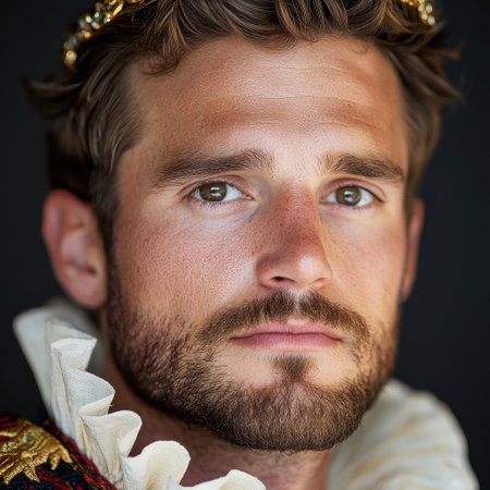 Pensive man with beard and floral crownの素材