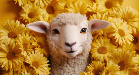 Cute fluffy lamb surrounded by yellow daisy flowersの素材