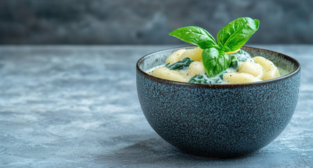 Delicious homemade potato gnocchi with basil in a ceramic bowlの素材